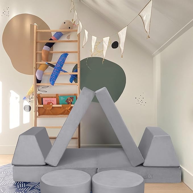 MeMoreCool Modular Kids Play Couch for Toddlers, Floor Foam Explorer Sofa with Building Fort Feature, Sectional Fold Out Block Couch for Playroom, Grey
