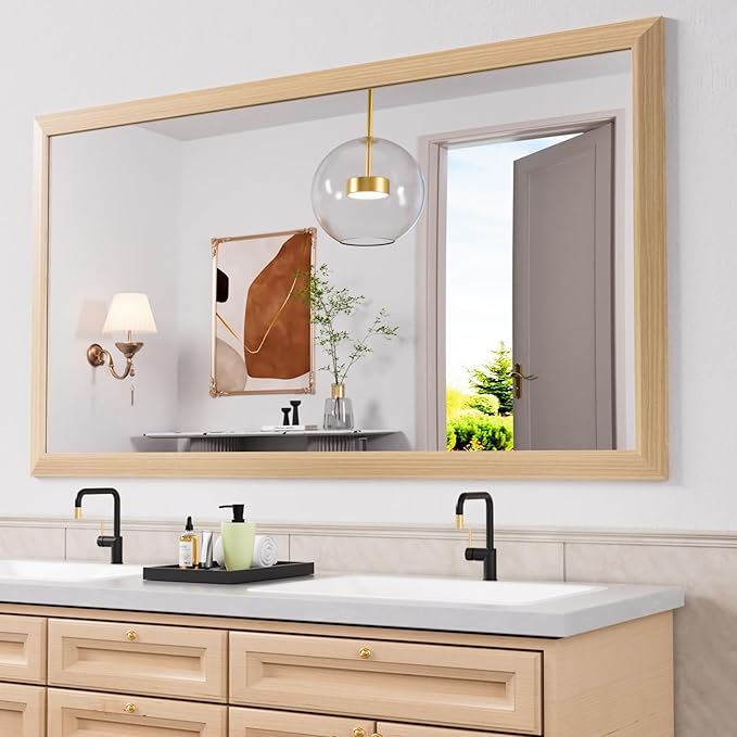 Amorho 72 X32 Inch Bathroom Mirror for Wall, Oak Wood Grain Metal Framed Mirror, Anti-Rust, Hang Horizontally/Vertically, Suitable for Bedroom, Farmhouse, Bathroom, Decorative