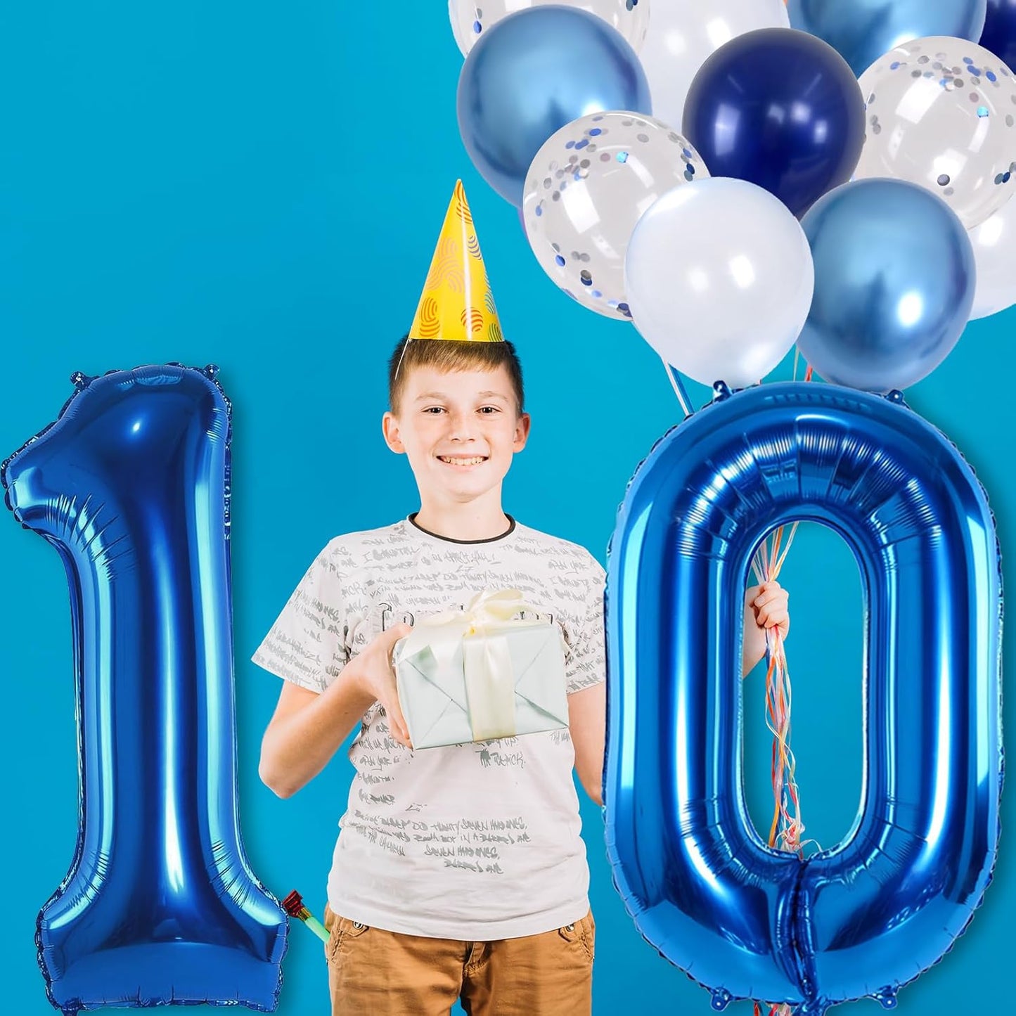 Dark Blue Number 10 Balloon, Large 40 Inch with Metallic Light Navy Blue Silver Confetti, Self Inflating Helium Foil One Balloon for Boys 10th Birthday Party Anniversary Decorations