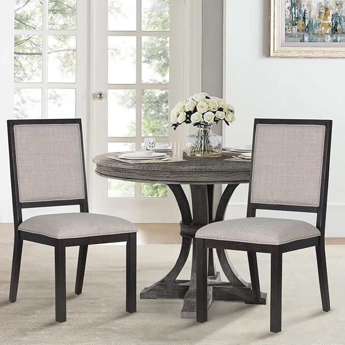 COLAMY Wood Dining Chairs Set of 2, Mid Century Modern Upholstered Kitchen Chairs,19 Inch Fabric Dining Chair with Back for Kitchen Dining Room,Brown
