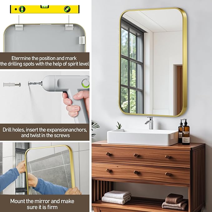 Matte Gold Mirror, 16x24 Inch Brushed Gold Mirror, Aluminum Alloy Framed Vanity Mirror, Rounded Rectangle Bathroom Mirror for Over Sink, Anti-Rust Wall Mirror (Horizontally or Vertically)