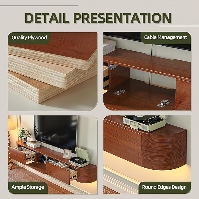 Fully Assembled Floating TV Stand with Drawers, 94IN Vintage Wall Mounted Entertainment Center, Minimalist Large Storage Console Under TV, Solid Wood Media Shelf for Living Room, Bedroom