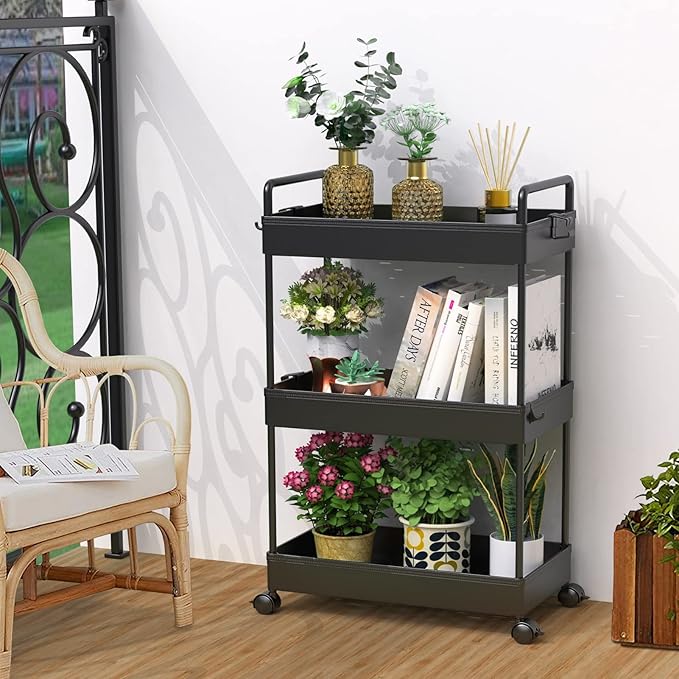 SOLEJAZZ 3 Tier Rolling Storage Cart with Wheels Slim Craft Nail Makeup Snack Art Baby Utility Cart Organizer on 2 Lockable Wheels for Bathroom Laundry Room Kitchen Bedside Narrow Spaces, Black