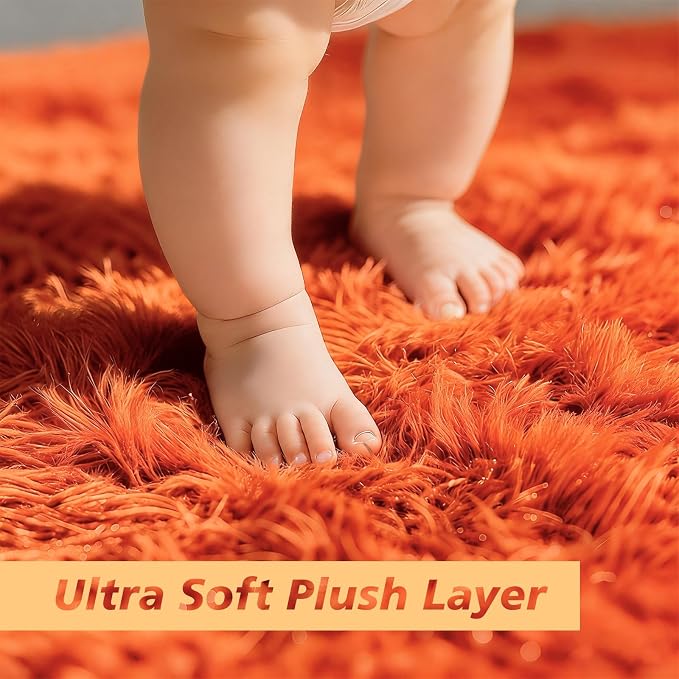 Orange Fluffy Round Rug, Soft Area Rugs - Image 2