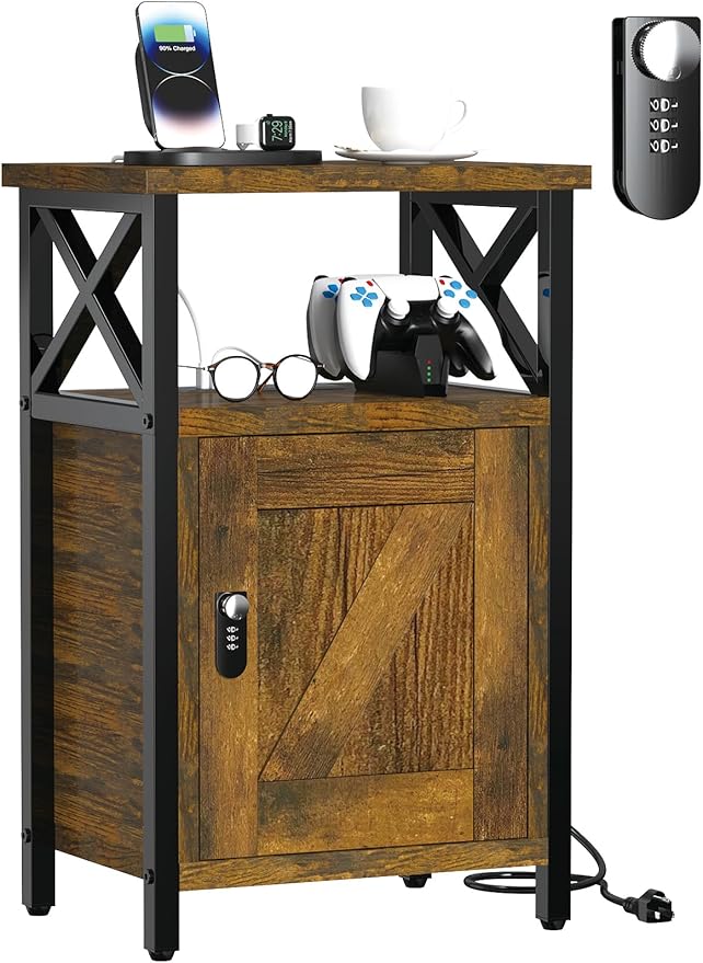 Wooden Nightstand with Lock, Bed Side Table with Drawers, Bedside Table with Charging Station, 3 USB & 2 Outlets, Night Stand with Storage, End Tables for Living Room, Bedroom, Dorm, Brown