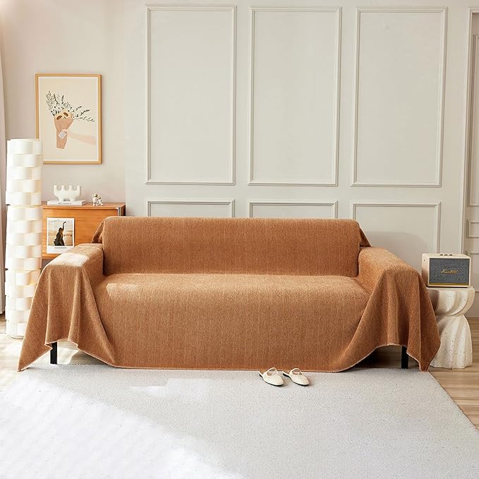 STACYPIK Soft Chenille Orange Sofa Covers, Herringbone Jacquard Pet Protector for 3 Cushion Couch, Loveseat Couch Cover for Sectional, Pumpkin Non-Slip Sofa Slipcover, Multi-Use Throw Blanket-71X134IN
