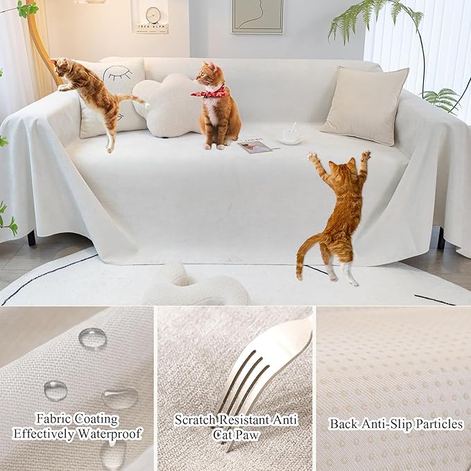 STACYPIK Waterproof White Couch Cover, Anti-Scratch Pet Protector for 2 Cushion Couch, Anti-Slip Sofa Couch Cover for Loveseat, Multi-use Sectional Cover for L-Shaped, Washable Sofa Slipcover-71X118IN
