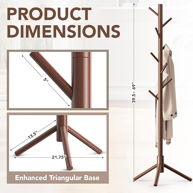 Wooden Tree Coat Rack Stand,Sturdy Freestanding Coat Rack with 8 Hooks,3 Adjustable Height for Child Adult,Wood Coat Stand Tree Fits Entryway Bedroom Office for Bags,Hats