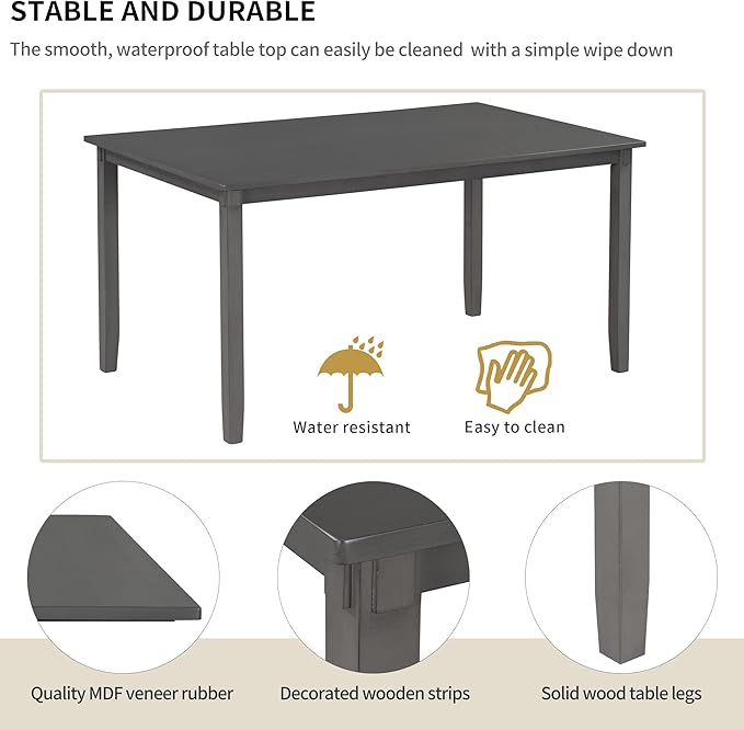 SogesPower 6-Piece Kitchen Dining Table Set for 4-6,Rectangular Dining Table with 4 Fabric Chairs & 1 Bench for Dining Room Living Room,Gray