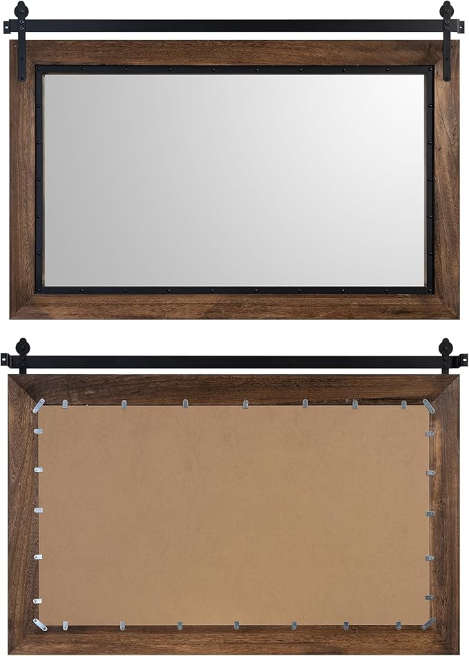YOSHOOT Farmhouse Barn Door Mirror, 40"x26" Rustic Bathroom Mirror, Wood Frame Wall Mirror, Wooden Mirror for Living Room Bedroom Entryway Wall Décor, Horizontal Hanging ONLY