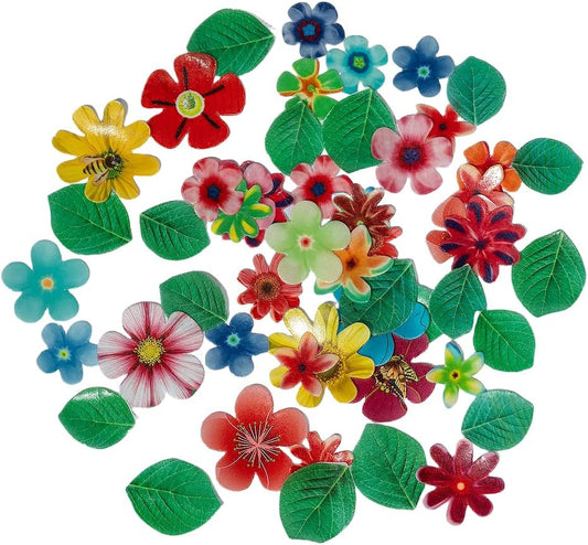 Edible Flowers Edible leaves 55pcs Wafer Paper Cake Cupcake Toppers for Decorating Rice Paper Flower Food Decorations for Baking Girl Birthday Party Mix Size Color (35flowers+20lesaves)