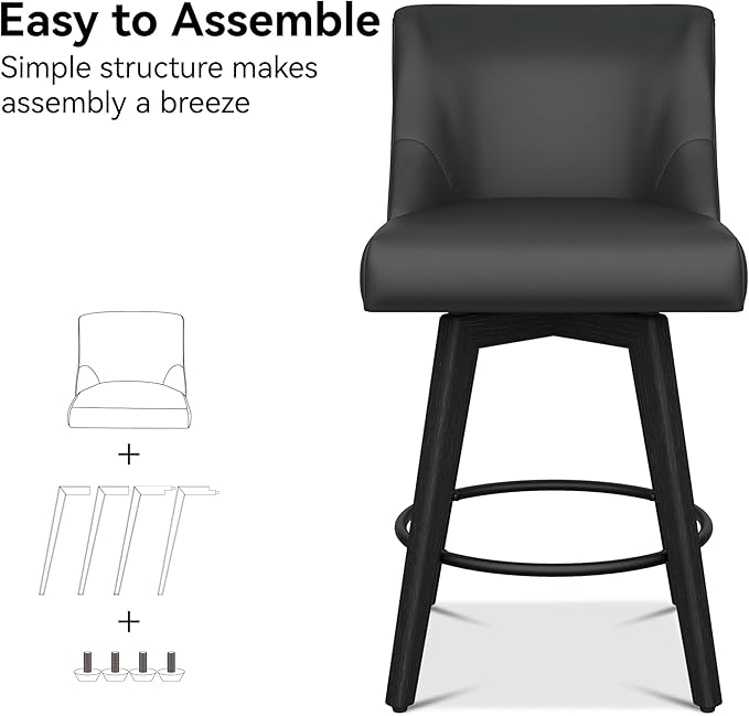 Counter Height Bar Stools Set of 2, Modern Swivel Barstools with Back and Wood Legs, Faux Leather Upholstered Counter Height Stools, 26" H Kitchen Island Stools,Home Bar, Black Grey