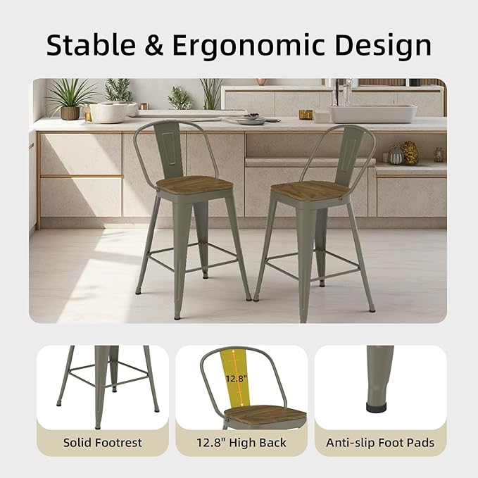 Metal Bar Stools Set of 4, High Back Bar Stools with Wooden Seat, 26 inch Rusty Barstools for Kitchen Island
