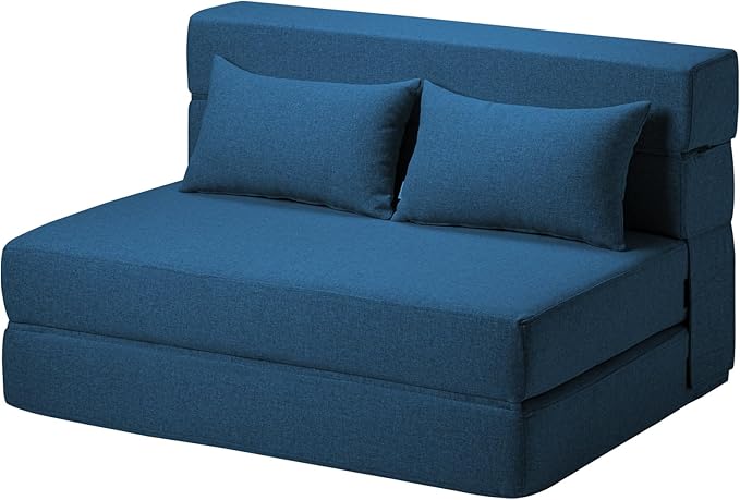 Folding Sofa Bed with Pillows- Convertible Chair Floor Couch & Sleeping Mattress, Foldable Memory Foam Sleeper for Living Room/Dorm/Guest Room/Home Office/Apartment/Loft, Twin, Navy Blue