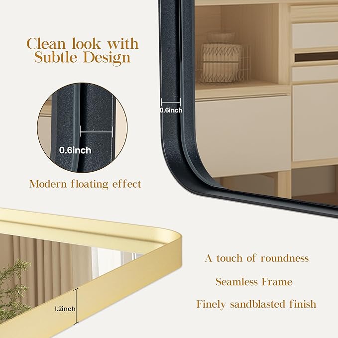 28×32 Black Bathroom Mirror, Rectangular Bathroom Vanity Mirror for Wall with Rounded Corners & Aluminum Alloy Frame, Tempered-Glass, Modern, Farmhouse, Horizontal/Vertical, Entryway, Bedroom
