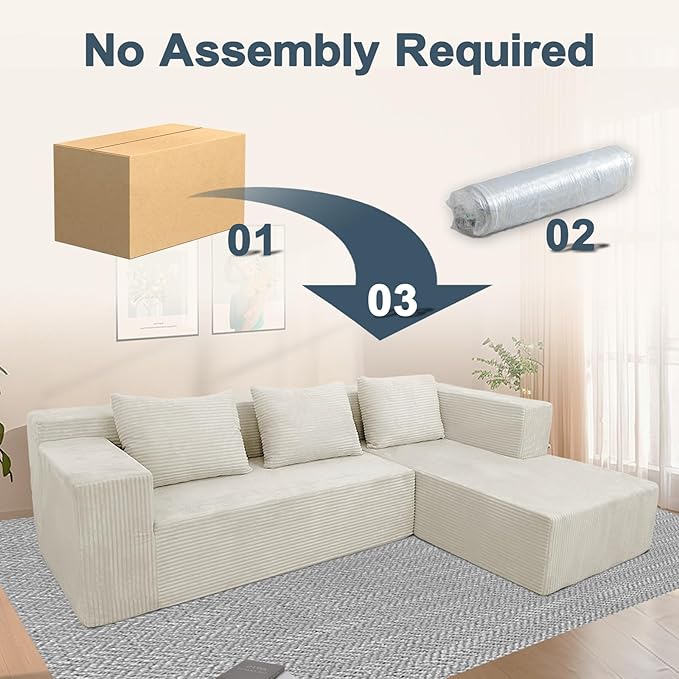 ANONER 103" Cloud Sectional Couch with Deep Seat, Modern Modular Boneless Couch L-Shape Upholstered Sofa with Chaise, Free Combination Corduroy Couches for Living Room, Beige