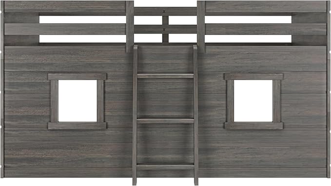 Max & Lily Modern Farmhouse Twin Low Loft Bed with Two Windows - Solid Wood, 15” Guardrails, 400-lb Capacity, Low-VOC Finish, Driftwood