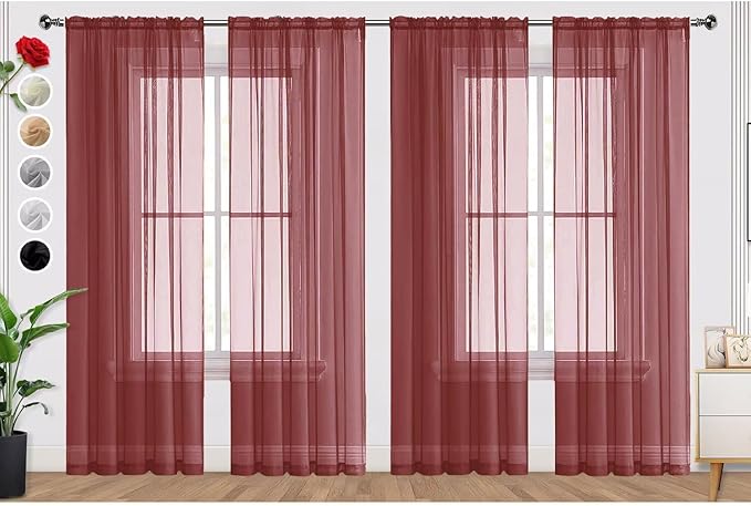 SpaceDresser Burgundy Sheer Curtains 4 Panels Rod Pocket Semi-Sheer Curtain 72 by SpaceDresser