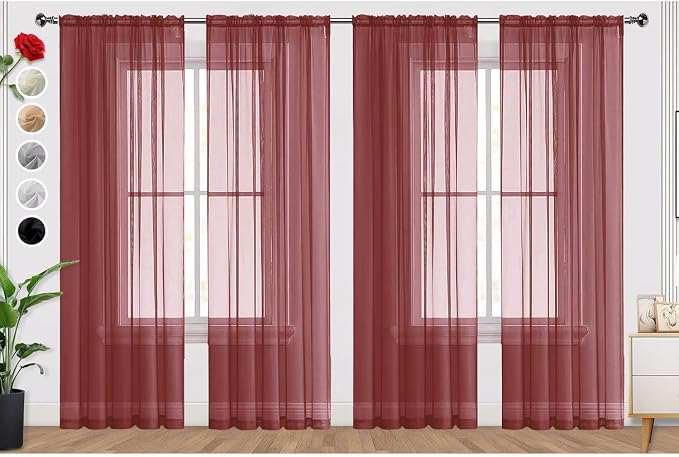 SpaceDresser Burgundy Sheer Curtains 4 Panels Rod Pocket Semi-Sheer Curtain 90 by SpaceDresser