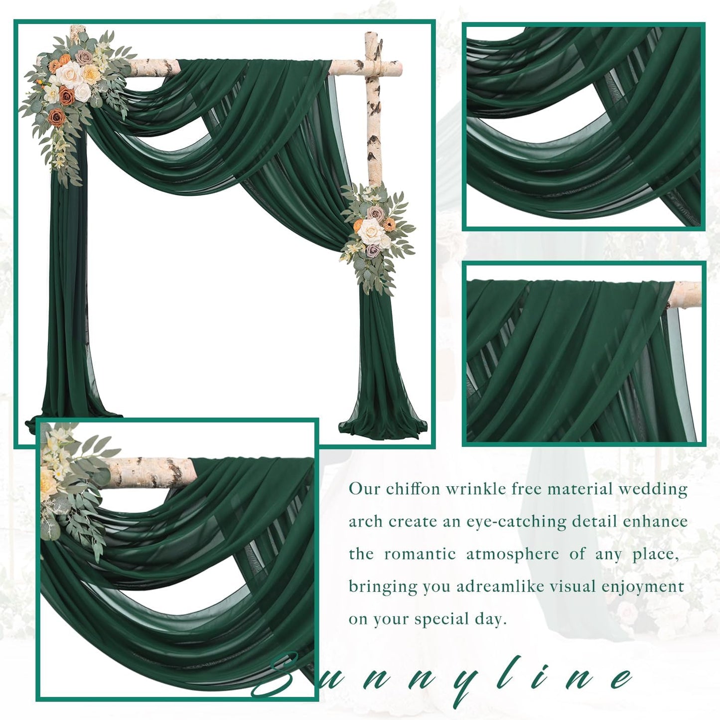 Emerald Green 2 Panels Wedding Arch Draping Fabric 20Ft Length x 28" Width Arch Drapes Chiffon Fabric Sheer Curtains Backdrop for Party Bridal Decorations Wedding Ceremony Stage Reception Decor