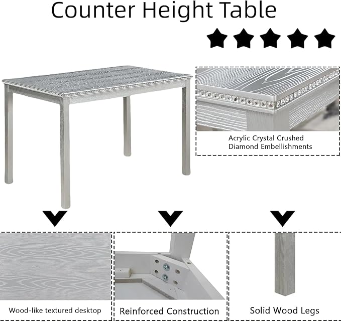 Dining Table Set for 4, 5-Piece Dining Room Table Set with Rectangular Crystal Decoration Table & 4 Upholstered Backrest Chairs, Counter Height Kitchen Sets with MDF Tabletop, Grey