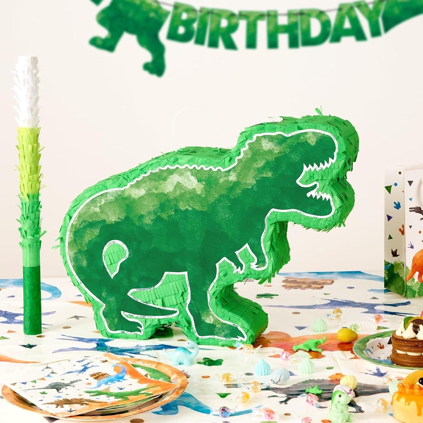 WERNNSAI Dinosaur Piñata - Watercolor Green Dinosaur Piñata Birthday Piñata with Stick and Blindfold for Kids Birthday Party Game Classroom Activity Dinosaur Themed Party Decor 16.9’’ x 12.9’’ x 3.1”