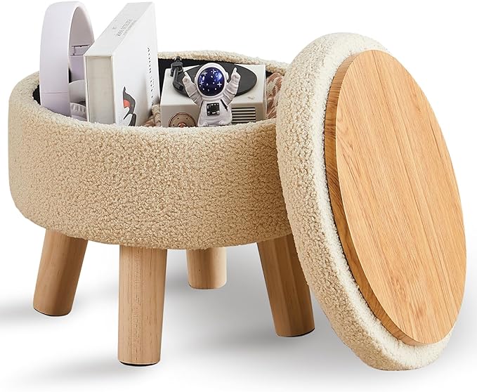 Wimarsbon Storage Ottoman, Modern Round Footrest with Soft Padded Seat, Teddy Velvet Footstool with Wood Legs, Accent Small Table or Plant Stand for Hallway, Living Room (Off-White)