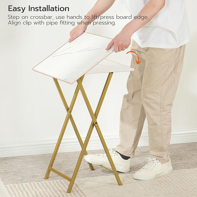 HOOBRO Folding TV Tray Tables, Set of 4 TV Trays with Storage Rack, Industrial Side Table for Eating at Couch, Foldable Snack Table for Small Space, Easy Assembly, Marble and Gold DM50BZ01