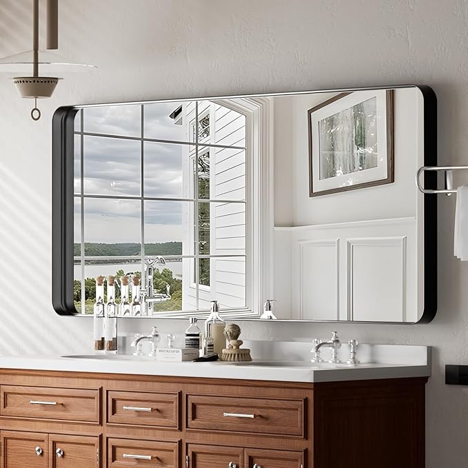 Large Bathroom Mirror 30x56 inch, Gorgeous Deep Frame Wall Vanity Mirror for Over Sink with Shatterproof Tempered Glass, Hanging Horizontal or Vertical, Black