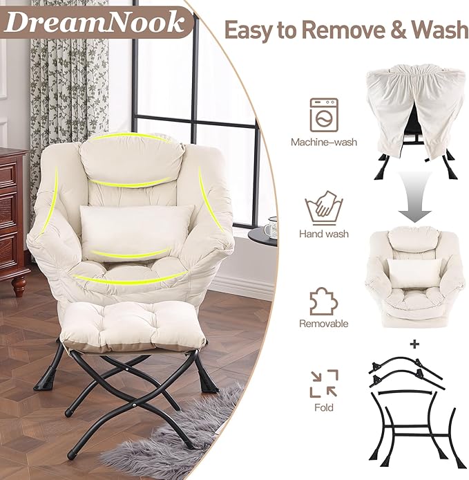 Lazy Chair with Ottoman, Modern Accent Chair with Lumbar Pillow, Comfy Chairs with Folding Footrest for Bedroom, Reading, Oversized Supportive Lounge Chairs(Velvet Beige)