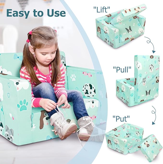 Kids Couch, 2-in-1 Kids Fold Out Sofa, Convertible Toddler Couch to Lounger for Girls and Boys, Soft Toddler Chairs Comfy 1-3 Years Old (Green Dog)
