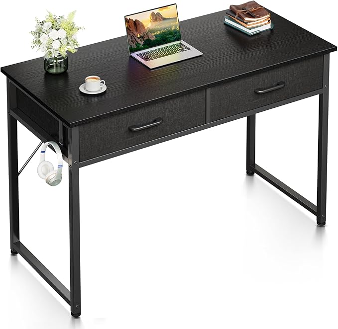 Casaottima 40 Inch Small Office Computer Desk with 2 Drawers & Headphone Hook - Compact Writing Desk for Home Office, Study or Work, Modern Space-Saving Design for Small Spaces, Black