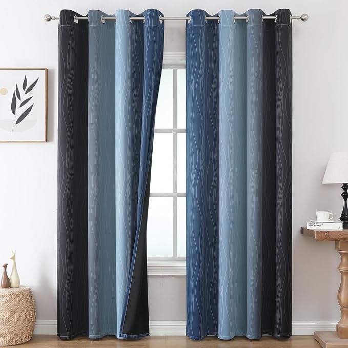 Estelar Textiler Black and Navy Blue Gradient Blackout Curtains by ESTELARTEXTILER