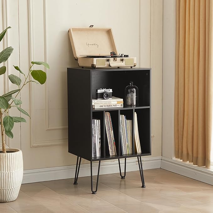 Record Player Stand with Vinyl Storage, Vinyl Record Storage Cabinet Holds Up to 150 Albums, End Table for Record Player, Turntable Stand with Record Storage for Living Room, Black