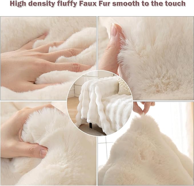 VM VOUGEMARKET Thick Faux Rabbit Fur Couch Cover 1-Piece Warm Soft Cozy Sofa Covers,Fluffy Plush Sofa Slipcover Furniture Protector for Bed Couch (White,71" x 118")