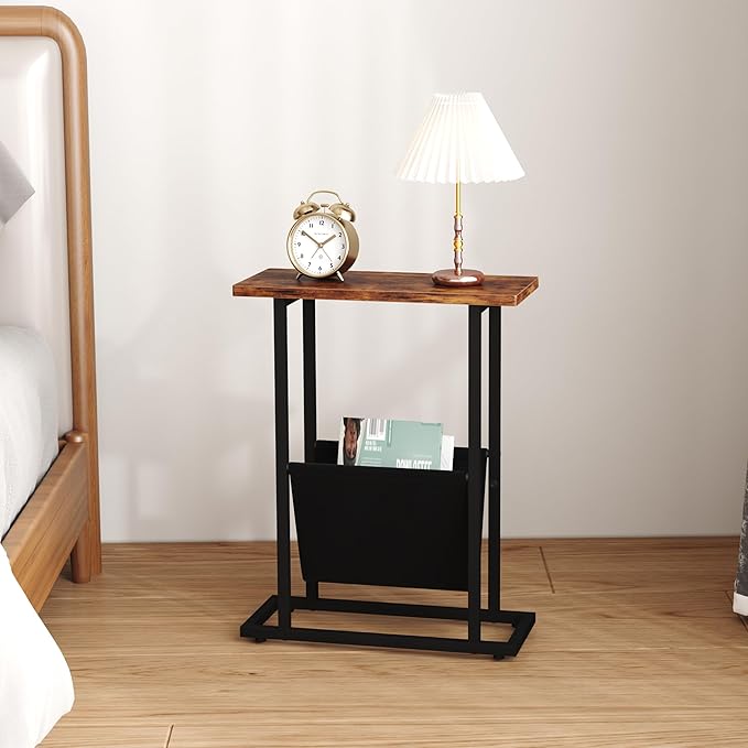 Narrow Side Table for Small Spaces, Small End Table with Magazine Holder, Skinny Slim Little Thin Table for Living Room, Bedroom, Sofa, Rustic Brown