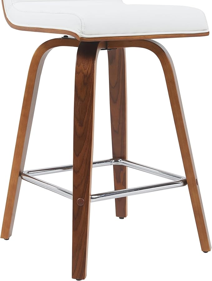 Vienna Modern Counter Height Swivel Bar Stool with Snow White Faux Leather Seat and Walnut Finished Wood Frame Set of 2