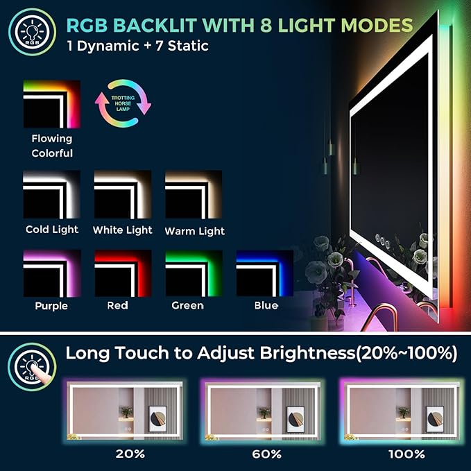 66x40 Inch RGB LED Bathroom Mirror Front Light and RGB Backlit Lighted Vanity Mirror for Bathroom Wall Mounted Dimmable Anti Fog Memory Shatter-Proof IP54 Waterproof Horizontal/Vertical