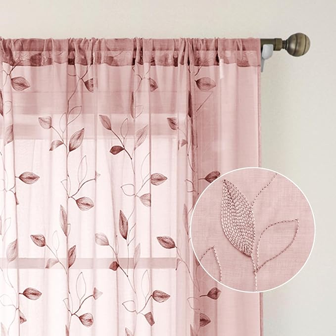 HOMEIDEAS Blush Pink Floral Sheer Curtains 84 Inches Long 2 Panels Embroidered - Image 7