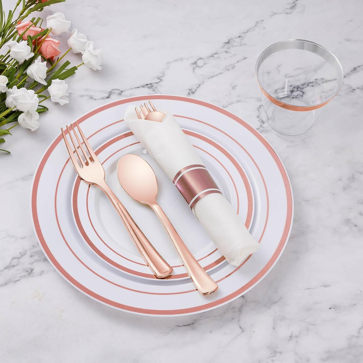 Goodluck 700 Piece Rose Gold Plastic Dinnerware Set for 100 Guests, Disposable Plates for Party, Include: 100 Dinner Plates, 100 Dessert Plates, 100 Pre Rolled Napkins with Silverware, 100 Cups