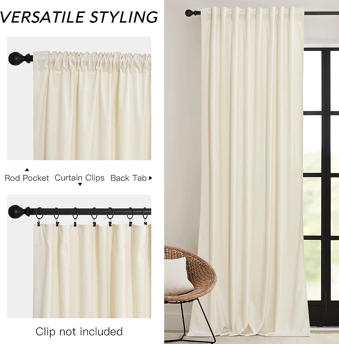 RYB HOME Cream Velvet Curtains 108 inch, Light Dimming White Window Curtains - Image 3