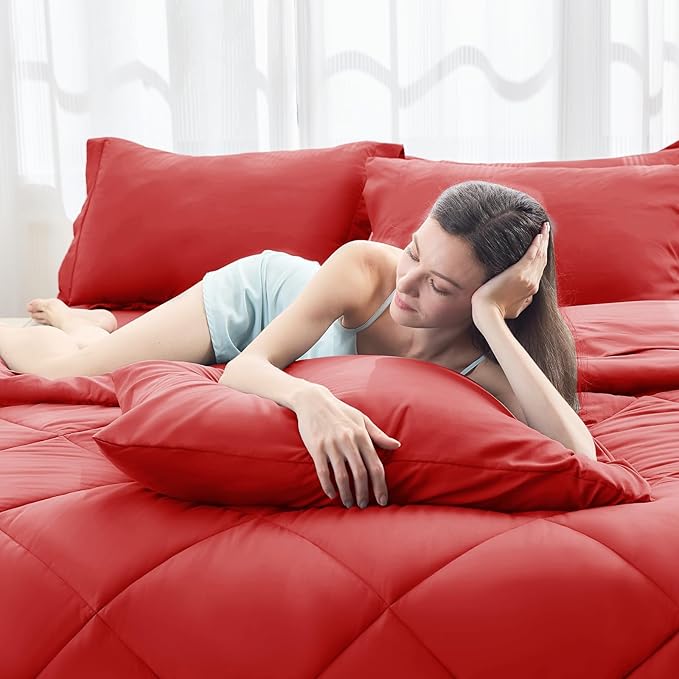HEVUMYI Red Queen Comforter Set - 7-Piece All Season Bed in a Bag Queen, Ultra Soft Bedding Set with Comforter, Flat Sheet, Fitted Sheet, Pillowcases, Pillow Shams