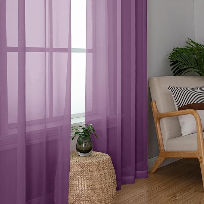 Aiyufeng Plum Purple Sheer Curtains 90 Inches Long 2 Panels, Solid Voile Top - Image 2