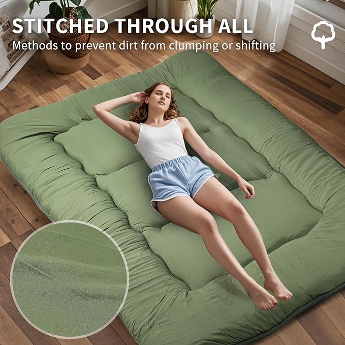 Japanese Floor Mattress,Roll Up Memory Foam Tatami Mat Easy to Store and Portable,Futon Mattress Suitable for Camping and Guest Room (Green, Queen (80" X 60"))