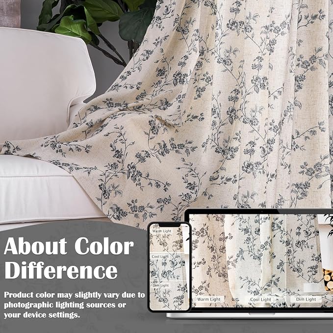 Lazzzy Black Floral Linen Curtains 84 Inch Farmhouse Back Tab Drapes - Image 5