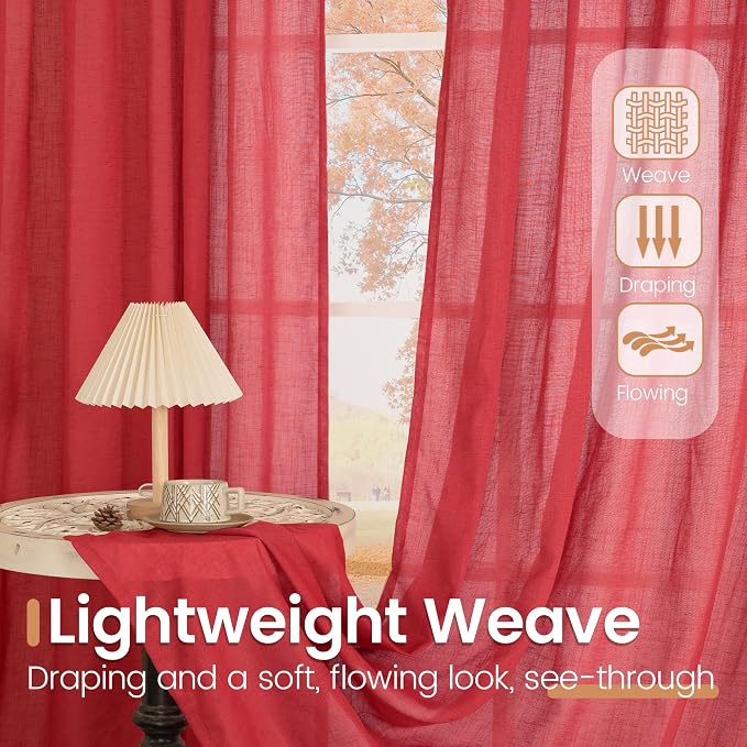 BGment Red Linen Semi Sheer Curtains - Image 4