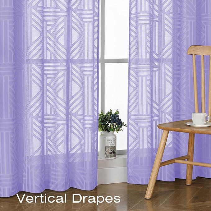 Simplebrand Lavender Semi Sheer Curtains 54 Inch Length 2 Panels, Geometric - Image 5
