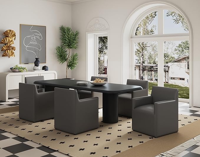 Manhattan Comfort Anna Square Modern Dining Chair with Arms, Head-to-Toe Faux Leather Upholstered Accent Armchair with Plastic Foot Padding, Set of 2, Pewter
