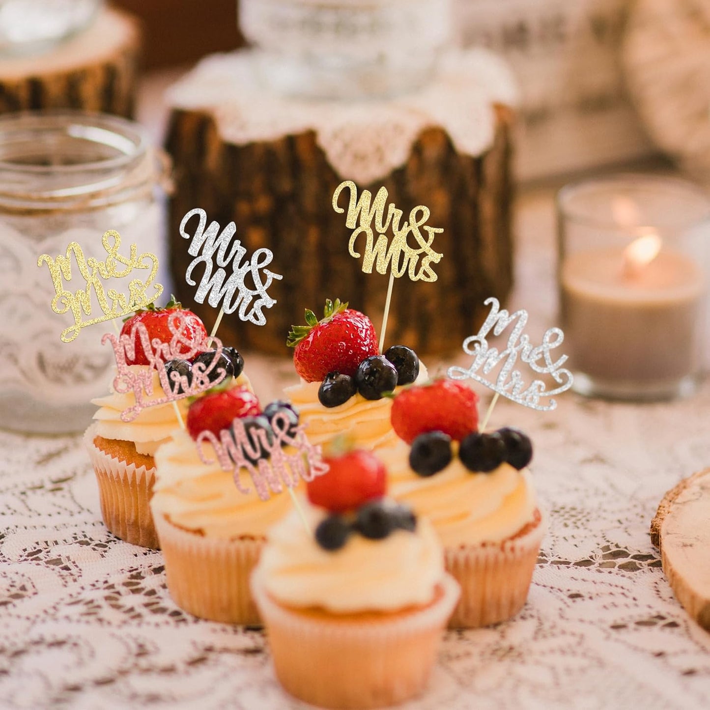 Gyufise 36Pcs Mr & Mrs Cupcake Toppers Glitter Bridal Shower Cupcake Picks for Wedding Engagement Birthday Anniversary Party Cake Decorations Supplies Colorful