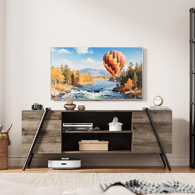 Garvee 55 Inch TV Stand with Slanted Metal Legs, Industrial Media Console with Adjustable Open Shelves, Wooden Entertainment Center Television Stand for Living Room, Bedroom, Oak